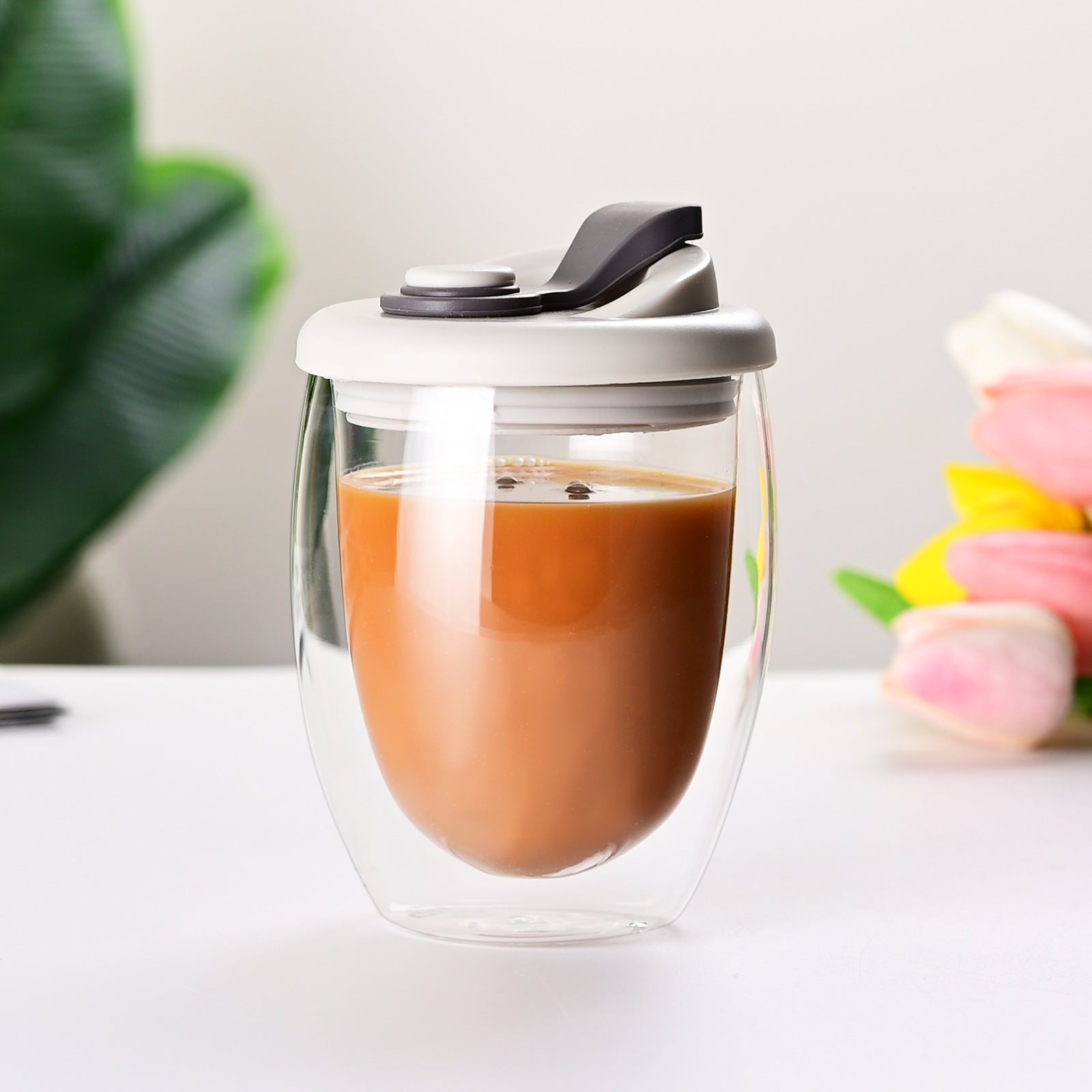 Double Layer Glass Cup With Lid
